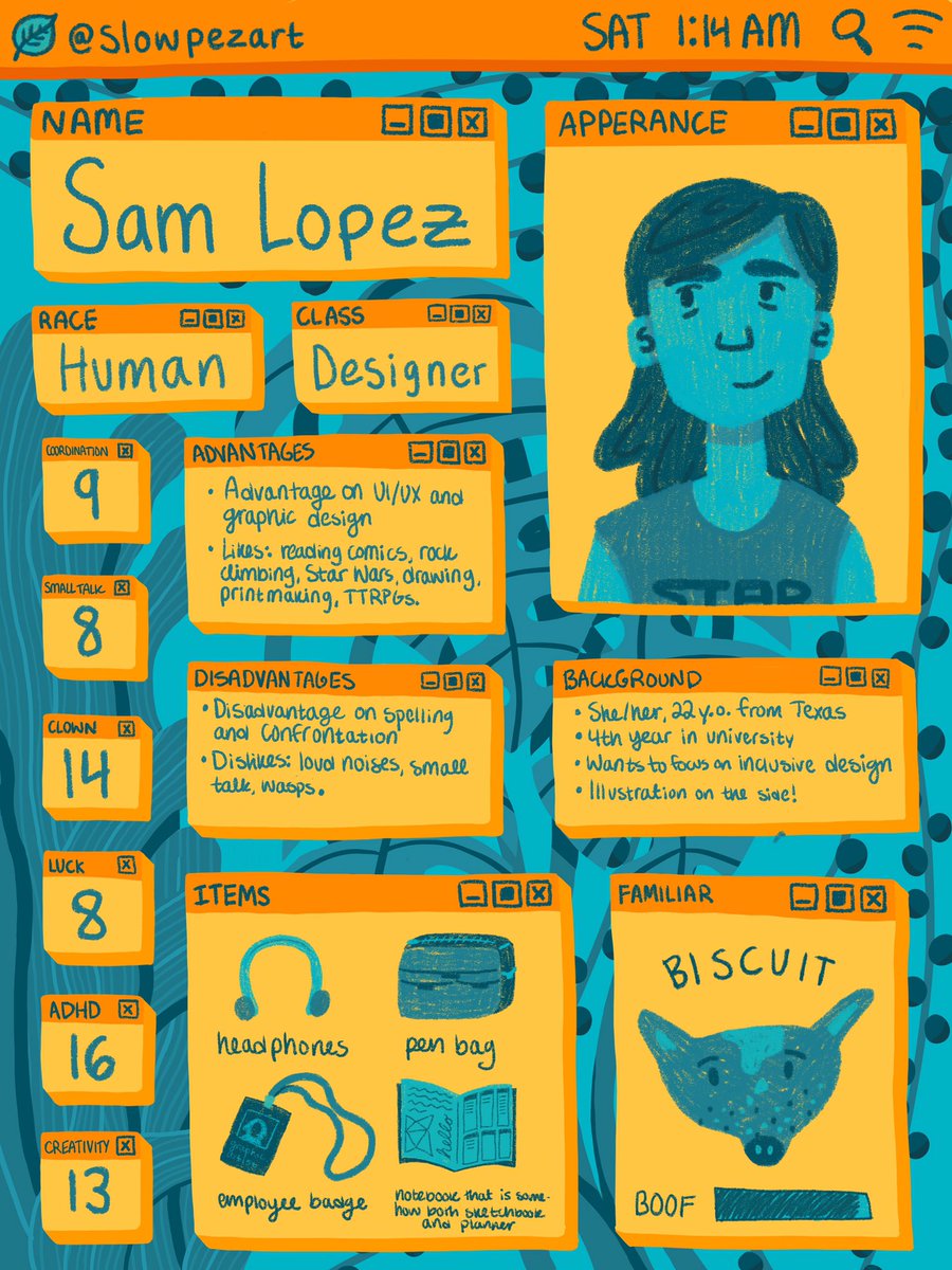 I thought it was about time I made a new pinned with a thread to collect my art, so hello! I’m Sam (she/her), I’m a interaction design & graphic design student who illustrates, print-makes, and tinkers on the side 