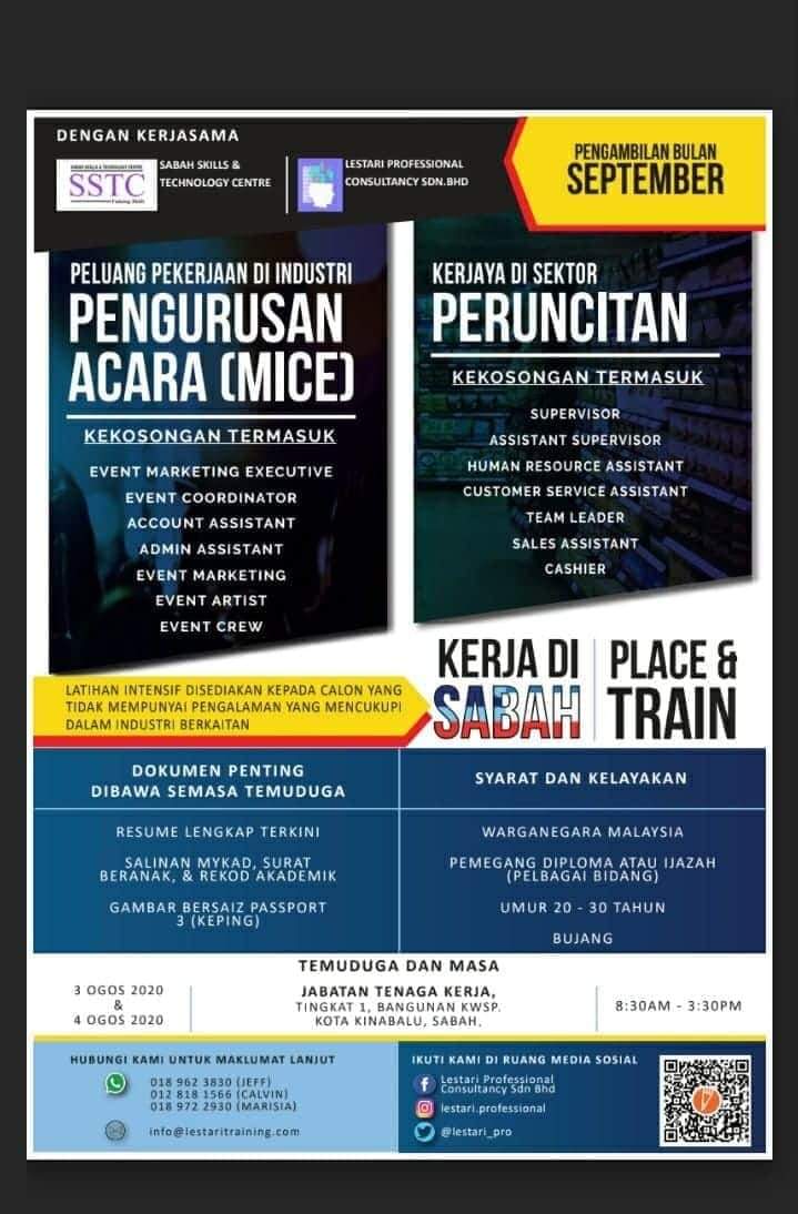 JTK_Sabah's tweet photo. Temuduga Terbuka oleh JTK Sabah dengan kerjasama Lestari Professional Consultancy Sdn Bhd dan Sabah Skills &amp; Technology Centre (SSTC) pada hari ini (3/8/2020) sehingga hari esok. Temuduga bermula jam 9.00 pagi. @myksm
@SABAHtwt @KKCity https://t.co/BjCg0SDw5C