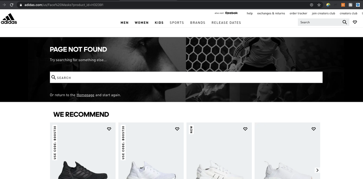 Deac2K's tweet photo. @adidas @adidasUS -- I'd love to be able to view your face masks on your website; however, after clicking the face mask link - you receive a PAGE NOT FOUND error. I have tried web chat for 30 minutes with someone in Asia, who was clueless!  How can I get some assistance? https://t.co/5iCYok55NM