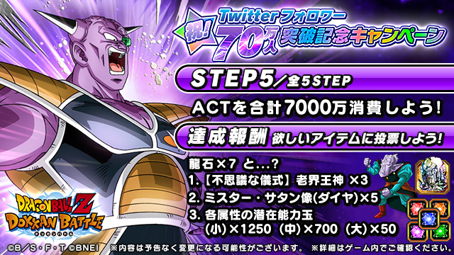 ドラゴンボールz ドッカンバトル 公式 祝 Twitterフォロワー70万人突破記念キャンペーン 以下の3つのうち 一番投票数の多いアイテムと龍石をstep5の達成報酬としてプレゼント 欲しいアイテムに投票しよう ミッション達成 投票期限 8 11 10 59