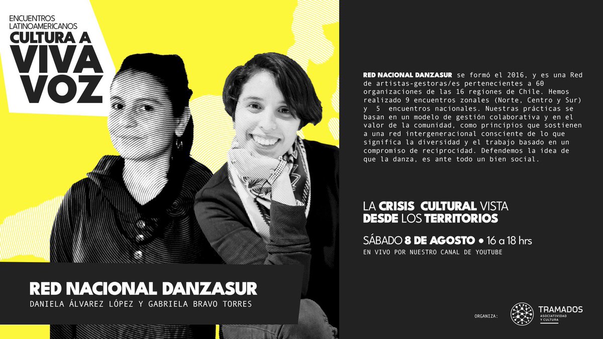 TramadosCultura's tweet photo. Desde y sobre los territorios conversaremos el próximo sábado 8 de agosto a las 16hrs vía YouTube Live de @TramadosCultura 
👉🏽Conoce a nuestrxs invitadxs @CampPichikeche (Chile) @rednac_danzasur (Chile) y La Múcura (Colombia) #Cultura #encuentro #tramadas #culturaavivavoz https://t.co/GmwbOHlpcX