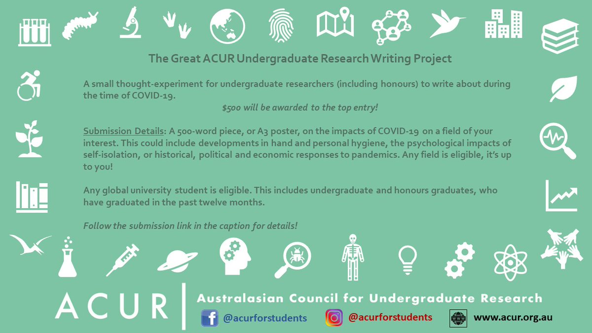 Learning Futures (@_learnfutures) on Twitter photo Calling all undergraduate researchers at Western!! How will COVID-19 change your field of research?
Join the Great ACUR Undergraduate Research Writing Project for your chance to win a share of $1.5k in prizes.
Visit bit.ly/39xBwY8.
<a href="/westernsydneyu/">Western Sydney University</a> <a href="/wsu_sap/">WSU Student Partners</a> <a href="/tpeseta/">A/Prof Tai Peseta</a> Calling all undergraduate researchers at Western!! How will COVID-19 change your field of research?
Join the Great ACUR Undergraduate Research Writing Project for your chance to win a share of $1.5k in prizes.
Visit bit.ly/39xBwY8.
<a href="/westernsydneyu/">Western Sydney University</a> <a href="/wsu_sap/">WSU Student Partners</a> <a href="/tpeseta/">A/Prof Tai Peseta</a>