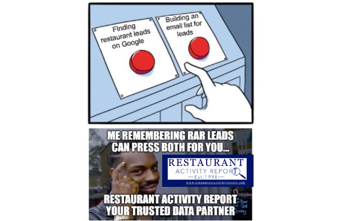 RAR_Leads's tweet photo. Do you sell to restaurants?

Do you waste time looking for prospects?

Do you struggle to build a hyper-focused email list targeting ready to buy prospects?
 
Do you want to execute an email campaign converting prospects to hot leads?
 
Contact RAR your trusted data partner! https://t.co/dopmo4rC13