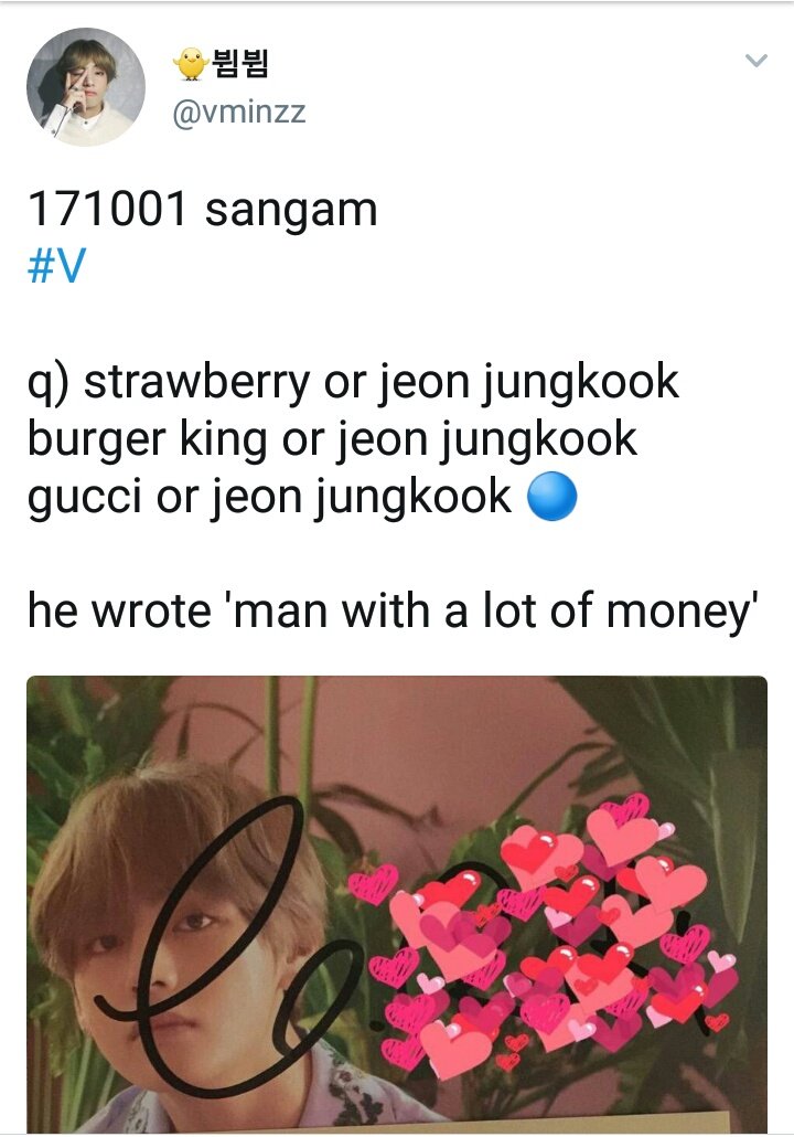 Why do you have to pick one thing when your man got alot on money.Taehyung deadass wrote " a man with alot of money"