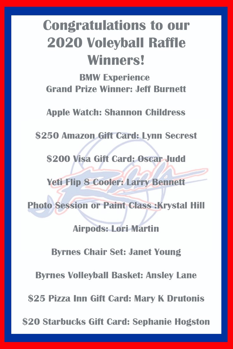 Thank all who participated in our 2020 Lasy Rebel Volleyball raffle! Congratulations to all of our winners! <a href="/JFBHSRebels/">James F. Byrnes High</a> <a href="/SpartanburgD5/">Spartanburg District Five Schools</a>