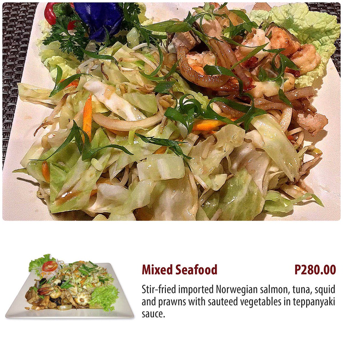 MIFUNEdumaguete's tweet photo. Mixed Seafood Teppanyaki — P280
Stir-fried imported Norwegian salmon, tuna, squid and prawns with sauteed vegetables in teppanyaki sauce.
—
#MIFUNE #JapaneseRestaurant #Dumaguete
#GoingJapanese - #DineIn #TakeOut #Delivery
#GoingOutIsFun - #ThereIsLifeOutThere! #MIFUNEdumaguete https://t.co/DHqfbVquzb