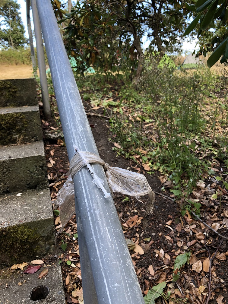 vicpdcanada's tweet photo. Officers located a used, uncapped hypodermic needle secured to a staircase railing near a heavily used path in Beacon Hill Park today. If you saw anything, please call 250-995-7654, press 1. @VicCrimeStop to remain anonymous. #yyj

Info: https://t.co/6zxOJm3JEU https://t.co/a7k93wyQZD