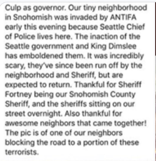 This is absolutely unhinged. The Every Day March, which has peacefully marched mornings and evenings every day and been the victims of multiple violent attacks, was stopped in Snohomish last night by an armed group of local residents, including the local Sheriff. Look at this.