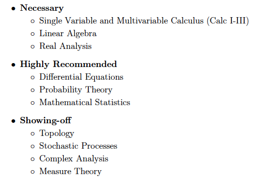 6/N Here are some of the math courses you need to be competitive for grad programs (am I missing anything?) You need good grades (≥ A-), especially for Real Analysis. Also consider taking grad econ courses (e.g., 1st year grad micro) to bolster your application.