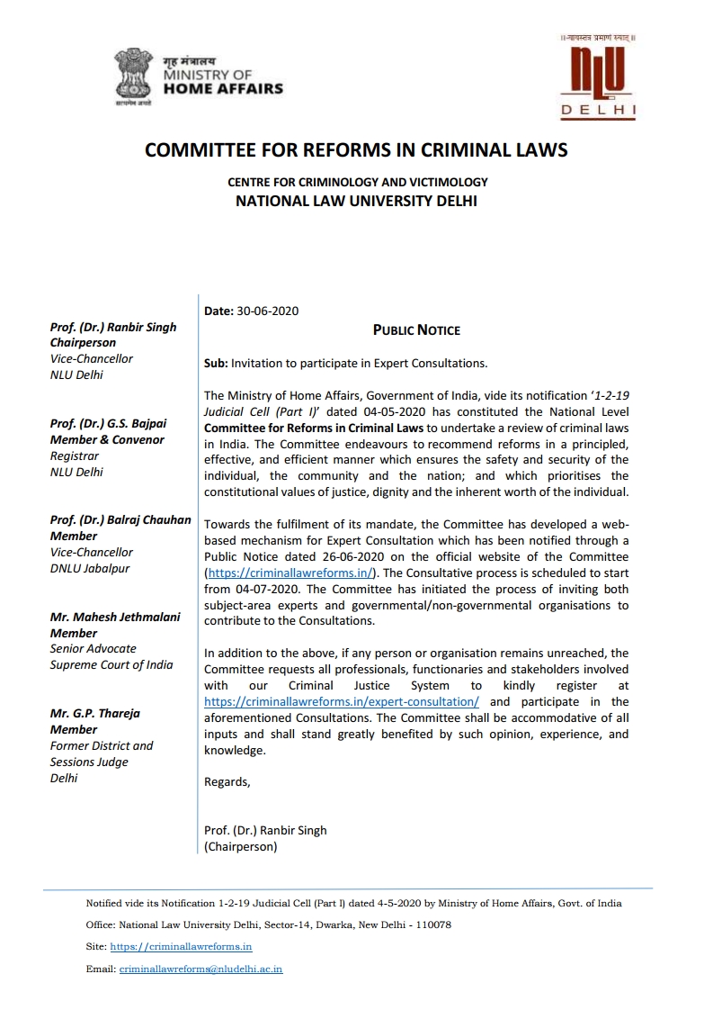Please participate - National Level Committee for Reforms in Criminal Laws set up by MHA has been inviting professionals, functionaries &amp; stakeholders involved with Indian criminal justice system to submit their  suggestions at criminallawreforms.in/expert-consult…

<a href="/HMOIndia/">गृहमंत्री कार्यालय, HMO India</a>  
<a href="/PIB_India/">PIB India</a>