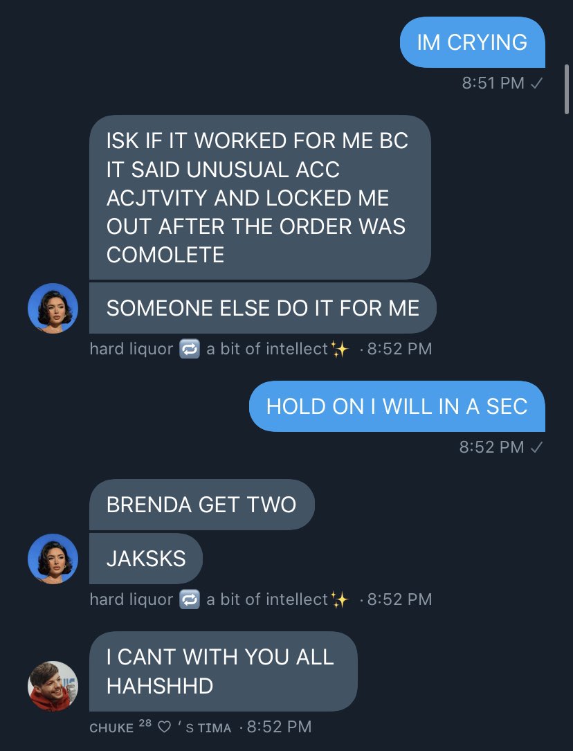 cam got locked out of her acc tho so i had to take one for the team