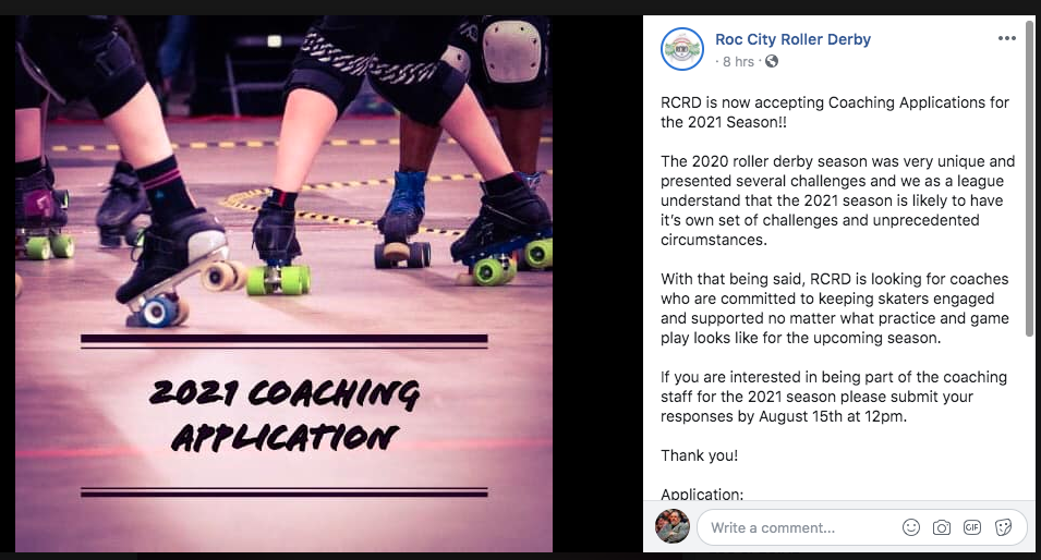 <a href="/RocDerby/">RocCityRollerDerby</a> with the first 2021 coaching app I've seen. #DerbyTwitter 

"RCRD is looking for coaches who are committed to keeping skaters engaged and supported no matter what practice and game play looks like for the upcoming season." 

docs.google.com/forms/d/e/1FAI…