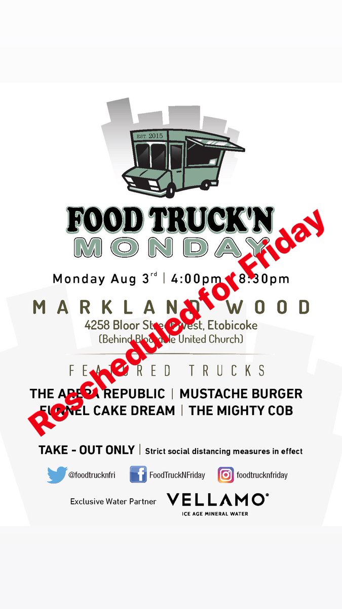 Due to weather we are rescheduling Monday’s pop-up at #MarklandWood to this Fri Aug 7. Same time (4-8:30), same place (4258 Bloor St W). Wednesday’s pop-up is still on so we hope to see U on BOTH days - Wed &amp; Fri - behind Bloordale United Church in #Etobicoke! #toronto