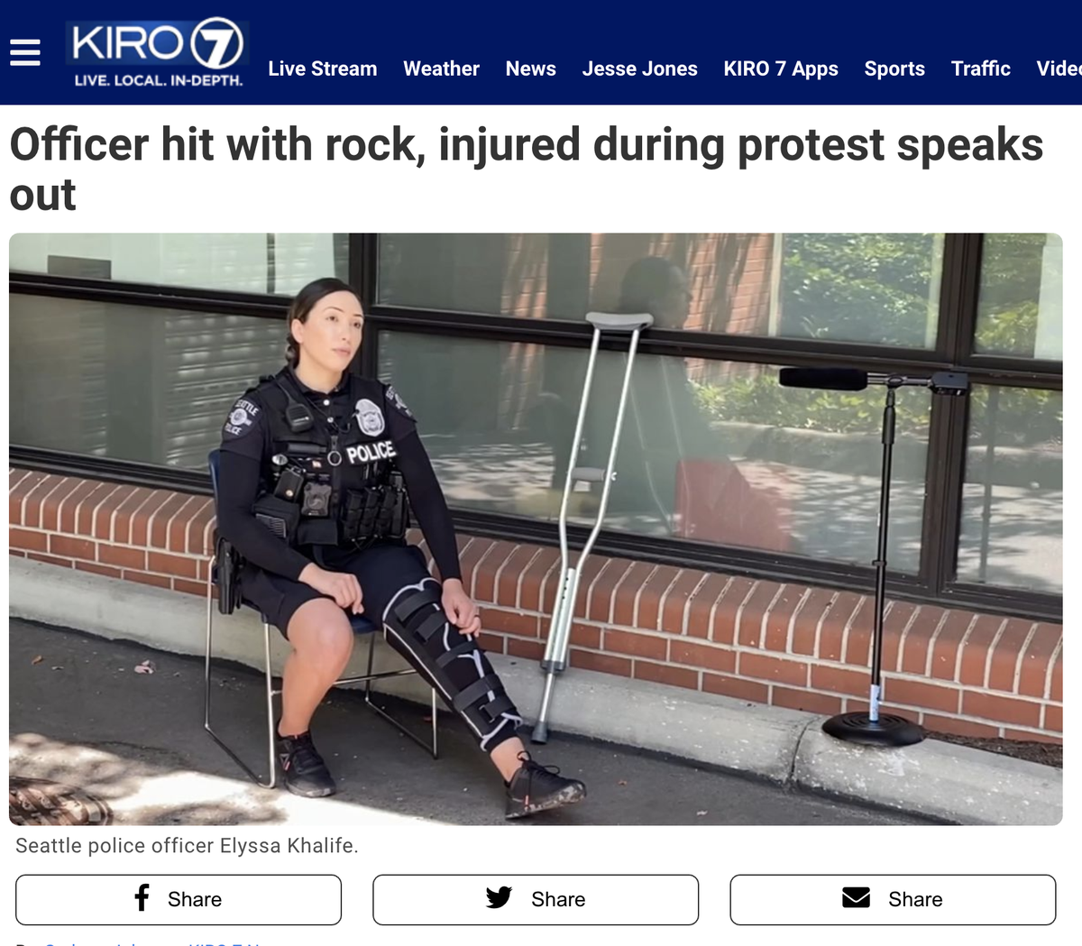 Here's another example. They sent this officer out to do interviews with every local news station to talk about a knee injury supposedly caused by "violent" protesters. As far as we know, this was the most serious police injury from last Saturday's protest. Very dramatic.