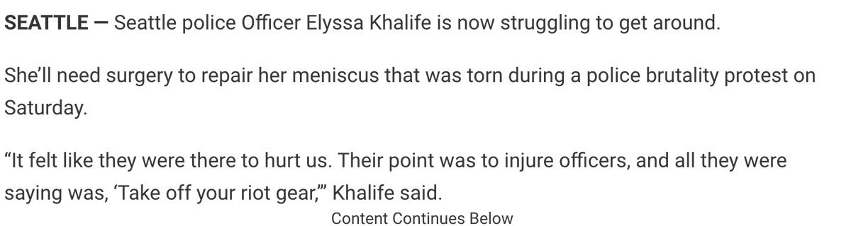 Here's another example. They sent this officer out to do interviews with every local news station to talk about a knee injury supposedly caused by "violent" protesters. As far as we know, this was the most serious police injury from last Saturday's protest. Very dramatic.