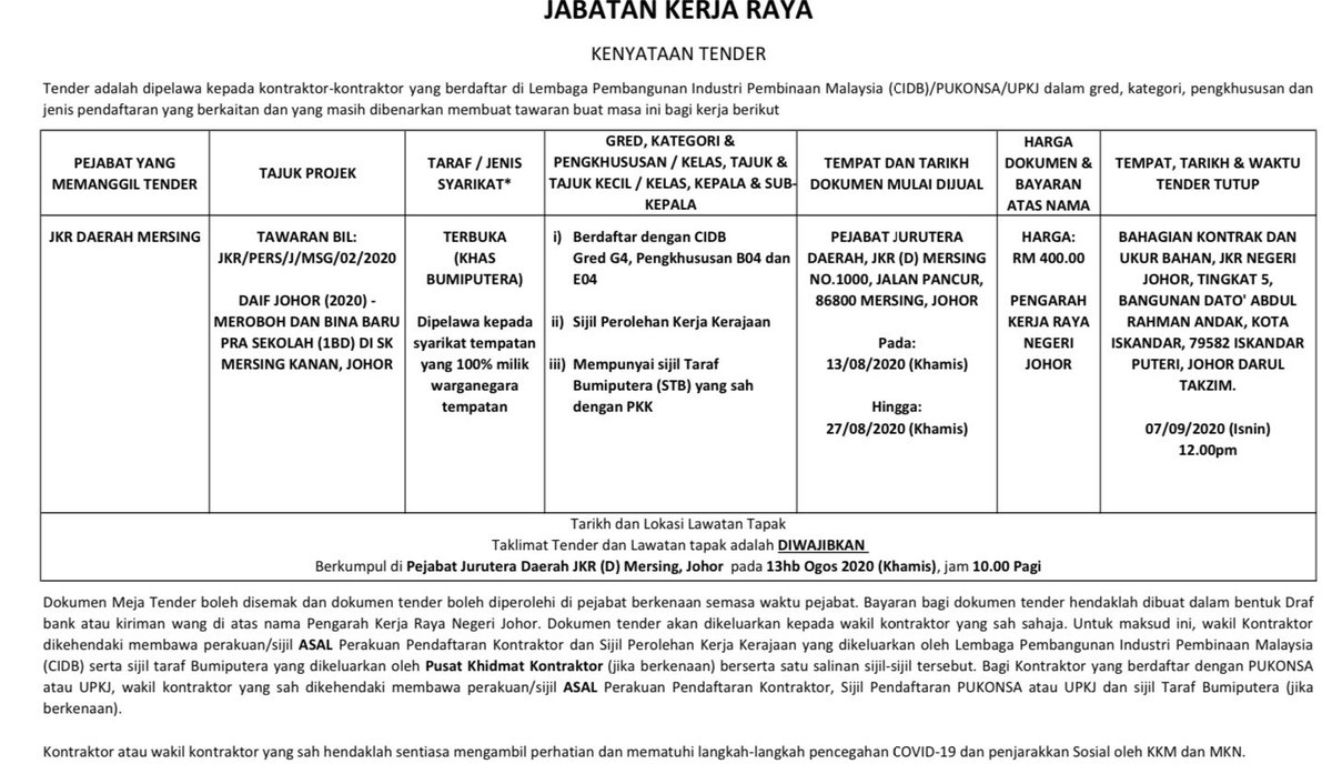 [RALAT]
KENYATAAN TENDER TERKINI

Projek: Meroboh Dan Bina Baru Pra Sekolah (1BD) di SK Mersing Kanan, Johor.

Nota: Perubahan pada tarikh dokumen mulai dijual dan tarikh lawatan tapak.