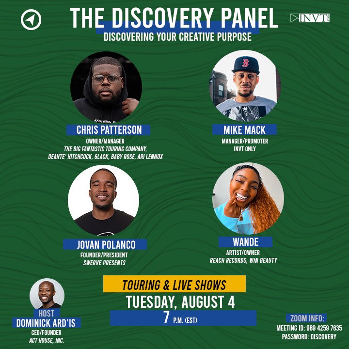 theJOURNEYmgmt's tweet photo. 📍📨 This Tuesday (8/4), we’re discussing Touring &amp; Live Shows on #TheDISCOVERYPanel. This pandemic has heavily impacted this area of the music industry, so let’s discuss solutions.

This is definitely one you don’t want to miss!

➡️ L I N K  I N  B I O ⬅️

#INVTOnly #theJOURNEY https://t.co/9E83CNbPOi