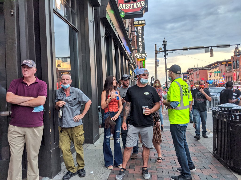 *Efforts* felt hopeless. Even if few agreed/took masks, many more party on unmasked. Another weekend brings new tourists to educate, photos on social media.No dedicated way to measure if they're taking infections home — how Nashville might be playing role in national hotspots