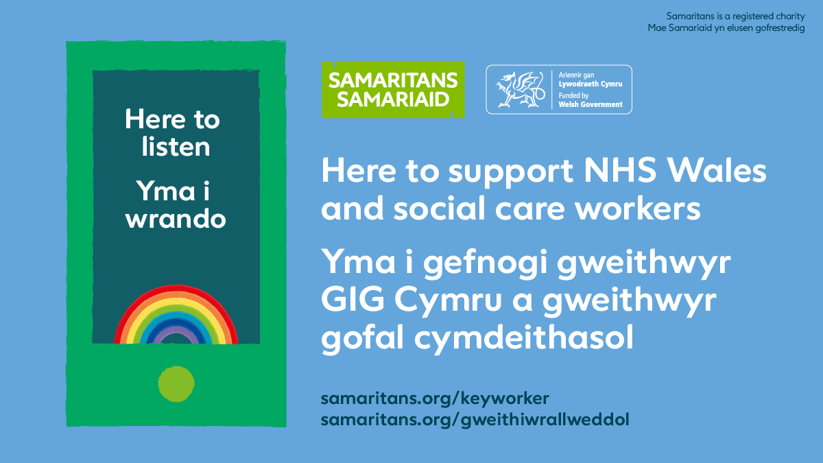 SamaritansCymru's tweet photo. We’re proud to launch a new confidential wellbeing support line for NHS and social care workers and volunteers in Wales. Our volunteers are here for you to talk through your experiences and support your emotional wellbeing during this challenging time. 💚 https://t.co/7sYYXyJCCD https://t.co/uTve18eWBF