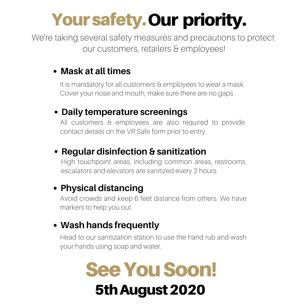 VR_Nagpur's tweet photo. As we gear up to reopen your favorite #vrnagpur, we are taking several safety measures and precautions to protect you and your family, so you can shop without any worry! Your safety is our utmost priority. See you soon! 
.
.
#5thAug2020 #vrback #virtuousretail #vrnagpur https://t.co/iXDGRbuqVm