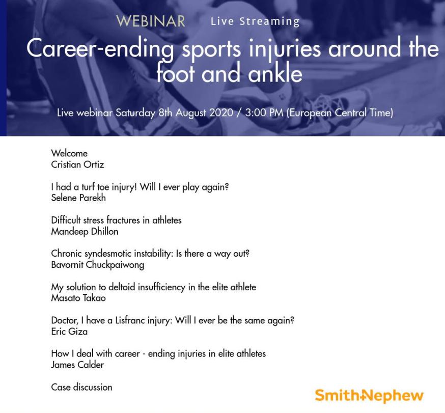 SICOTortho's tweet photo. We have partnered with the International Federation of Foot & Ankle Societies for our next webinar: 'Chronic Repetitive Injuries: End of a Sporting Career?'. Join us this Saturday (8th Aug) for free! https://t.co/lHVhqlSGcu #IFFAS #SICOTPIONEER #footandankle #footandanklesurgery https://t.co/zG7G9siKHF