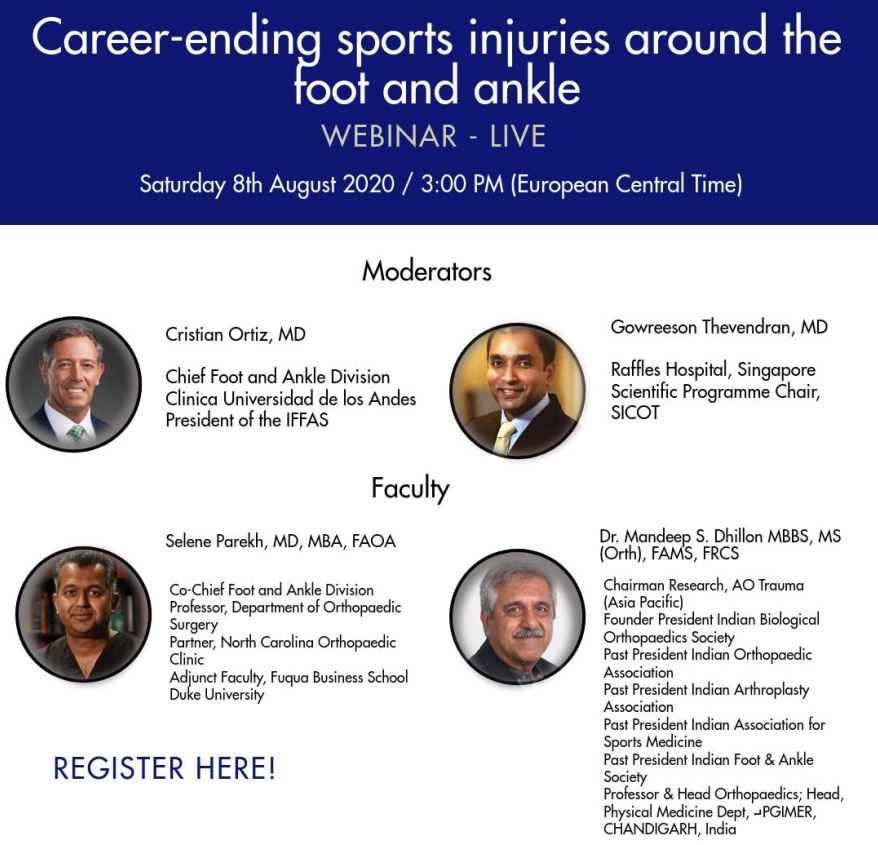 SICOTortho's tweet photo. We have partnered with the International Federation of Foot & Ankle Societies for our next webinar: 'Chronic Repetitive Injuries: End of a Sporting Career?'. Join us this Saturday (8th Aug) for free! https://t.co/lHVhqlSGcu #IFFAS #SICOTPIONEER #footandankle #footandanklesurgery https://t.co/zG7G9siKHF