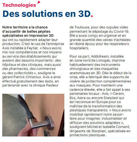 axis_prototypes's tweet photo. Petit retour en arrière : Axis a permis de lutter activement contre la COVID-19 en produisant de multiples équipements médicaux pour aider personnel soignant et malades. 
N'hésitez pas à consulter le magazine Actions de Juin 2020 de la CCI de Limoges : https://t.co/IZxSLCxv9Y https://t.co/uczSwKWR2H