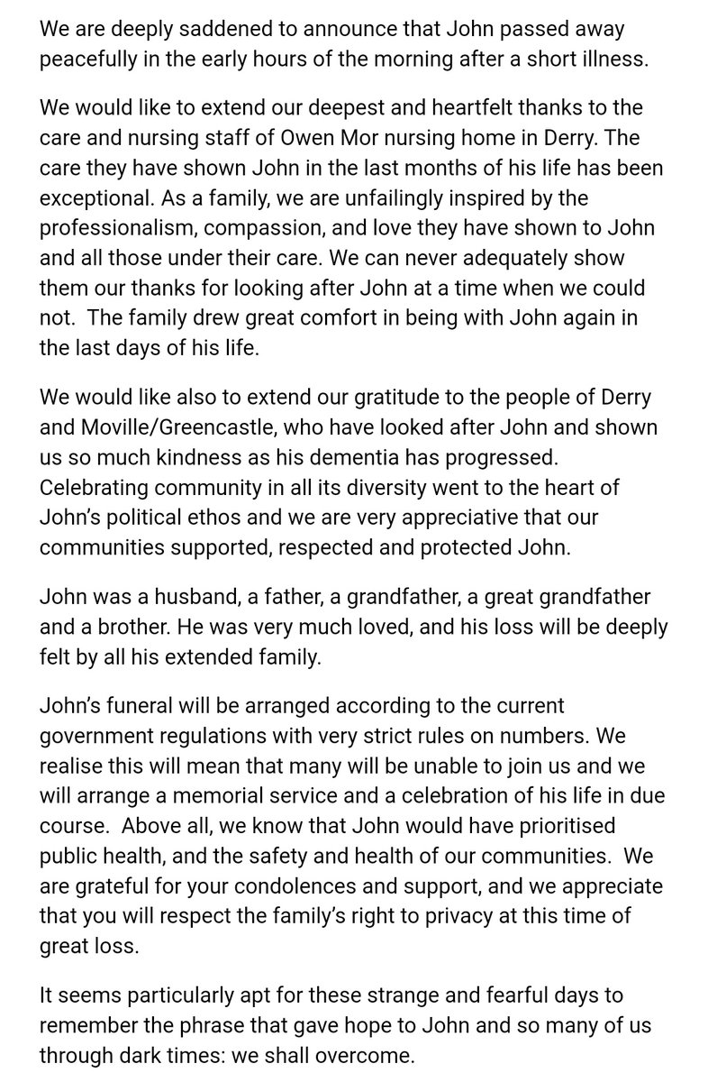 The civil rights campaigner, Nobel Peace Prize winner and SDLP stalwart died at Owen Mor nursing home in his beloved Derry after a short illness.One of the most influential figures in the modern history of this island.