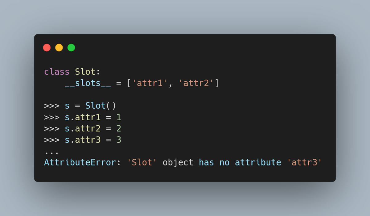 aquicarattino's tweet image. #PythonTip of the day. If you want to limit the attributes a class can have, the simplest is to use slots. Plus, you can get some benefits in memory usage as well. More tomorrow...
