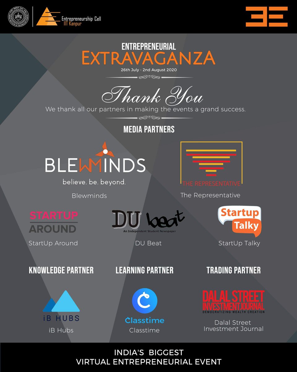 ecelliitk's tweet photo. We extend our thanks to the official partners for our event "Entrepreneurial Extravaganza", who contributed to making this event reach to as many entrepreneurial enthusiasts as possible.
#EntrepreneurialExtravaganza #emonth #partners https://t.co/xsa5PZxrGt