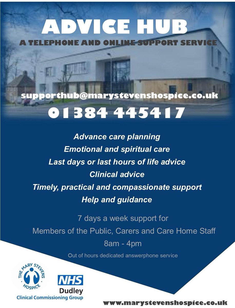 MSHospice's tweet photo. We are here for you.
The Mary Stevens Hospice Advice Hub provides palliative care advice and support, 7 days a week.
If you need us please contact:
📞 01384 445417
or email
supporthub@marystevenshospice.co.uk
#AdviceHub #PalliativeCare #Eolc #CaringForOurCommunity https://t.co/Tzy7tWZtQt