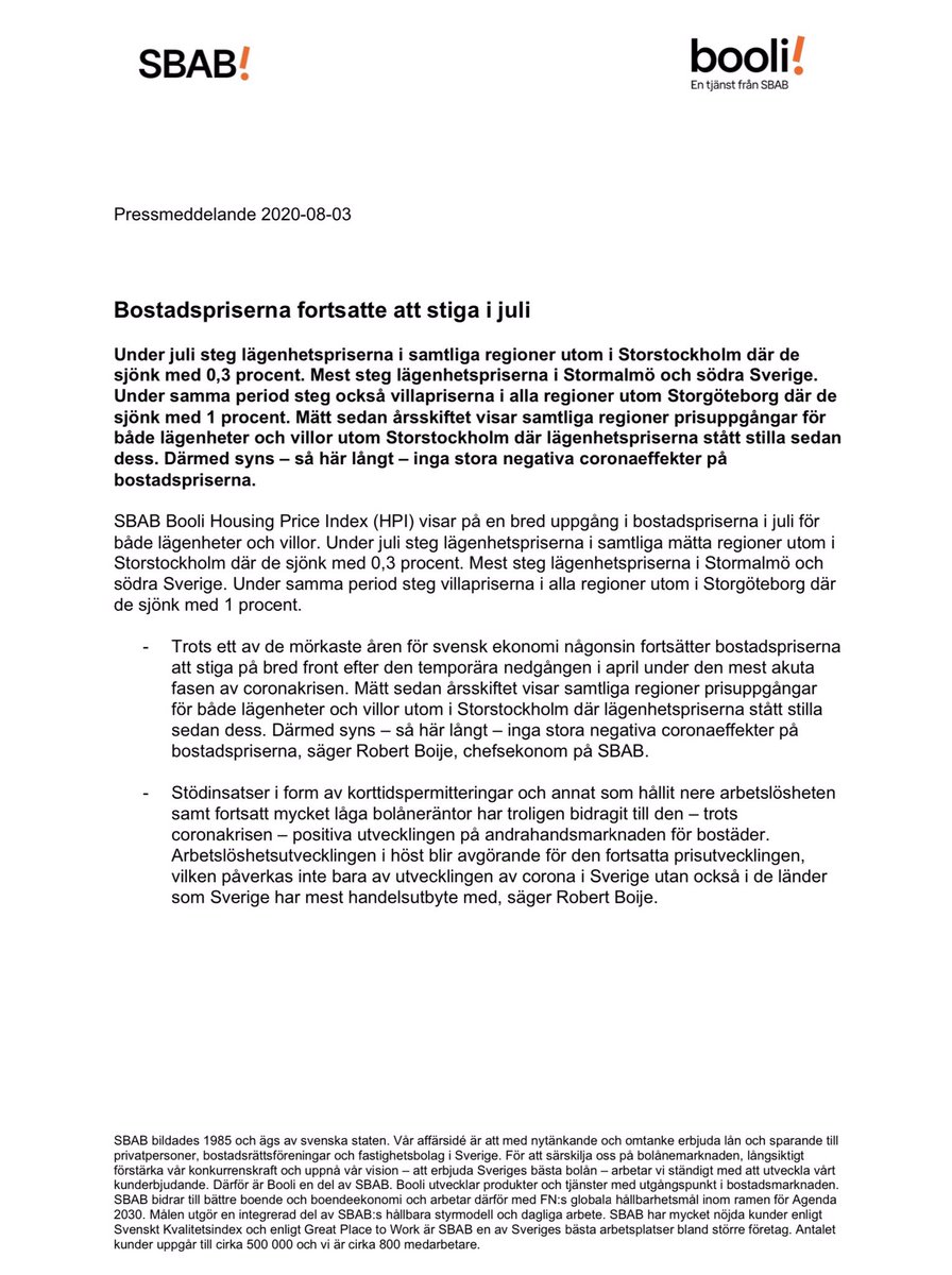 RobertBoije's tweet photo. .@sbabbank Bostadspriserna fortsatte uppåt i juli visar statistik från SBAB/Booli. #boool #boendeekonomi https://t.co/GEgkHOahio
