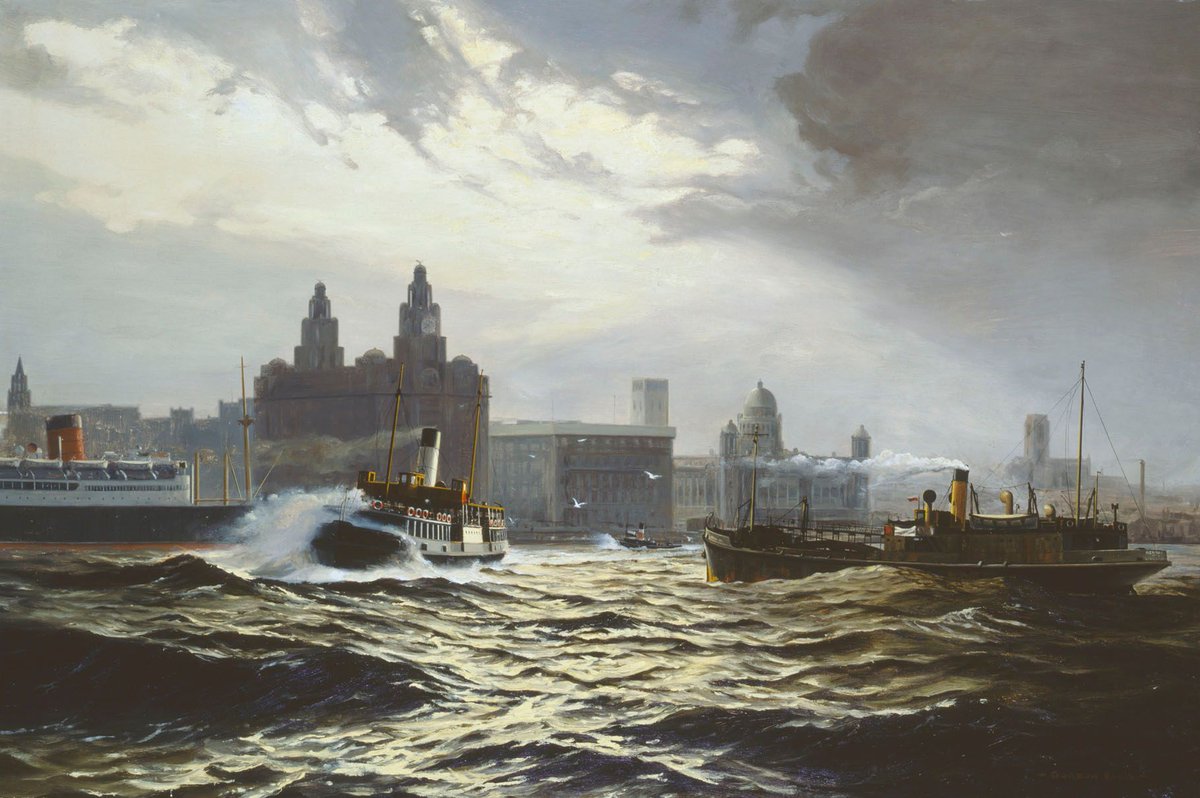 “The Wallasey Steamer, Winter Morning” oil on board by Gordon Ellis (c.1920-1978) – a powerful and atmospheric scene of a Wallasey Ferry ploughing across a wild and choppy River Mersey #rivermersey #merseyferry #liverpool #wallasey #wirral #localhistorymatters #storesaudit