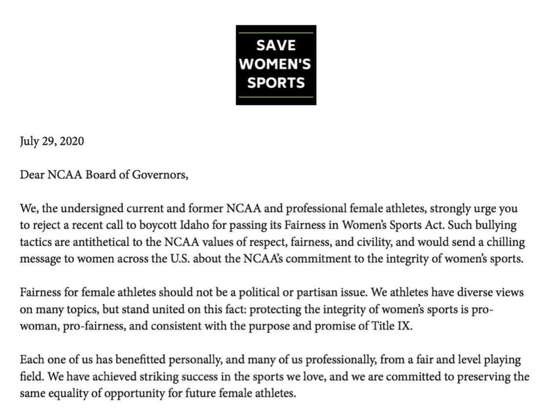 The female athletes ask NCAA to resist bullying. In response these women are now being bullied and shamed for standing up for the future of women’s sport. /2