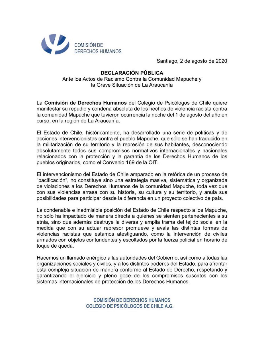 PaolaDragnic's tweet photo. El departamento de DDHH del Colegio de Psicólogos de Chile @psico_dechile emite una declaración rechazando los actos racistas en el sur de Chile @teleSURtv https://t.co/3J0OeaT78J