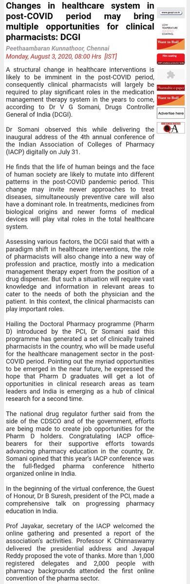 NdpuIndia's tweet photo. CDSO: Efforts are being made for enhancement in job for PharmD holders.
DCGI: Post- COVID period may bring multiple opportunities for Clinical Pharmacists, as of current #COVID19 pandemic situation.

Ref:@pharmabiznews 

#PharmD https://t.co/yc3Gepd0aX