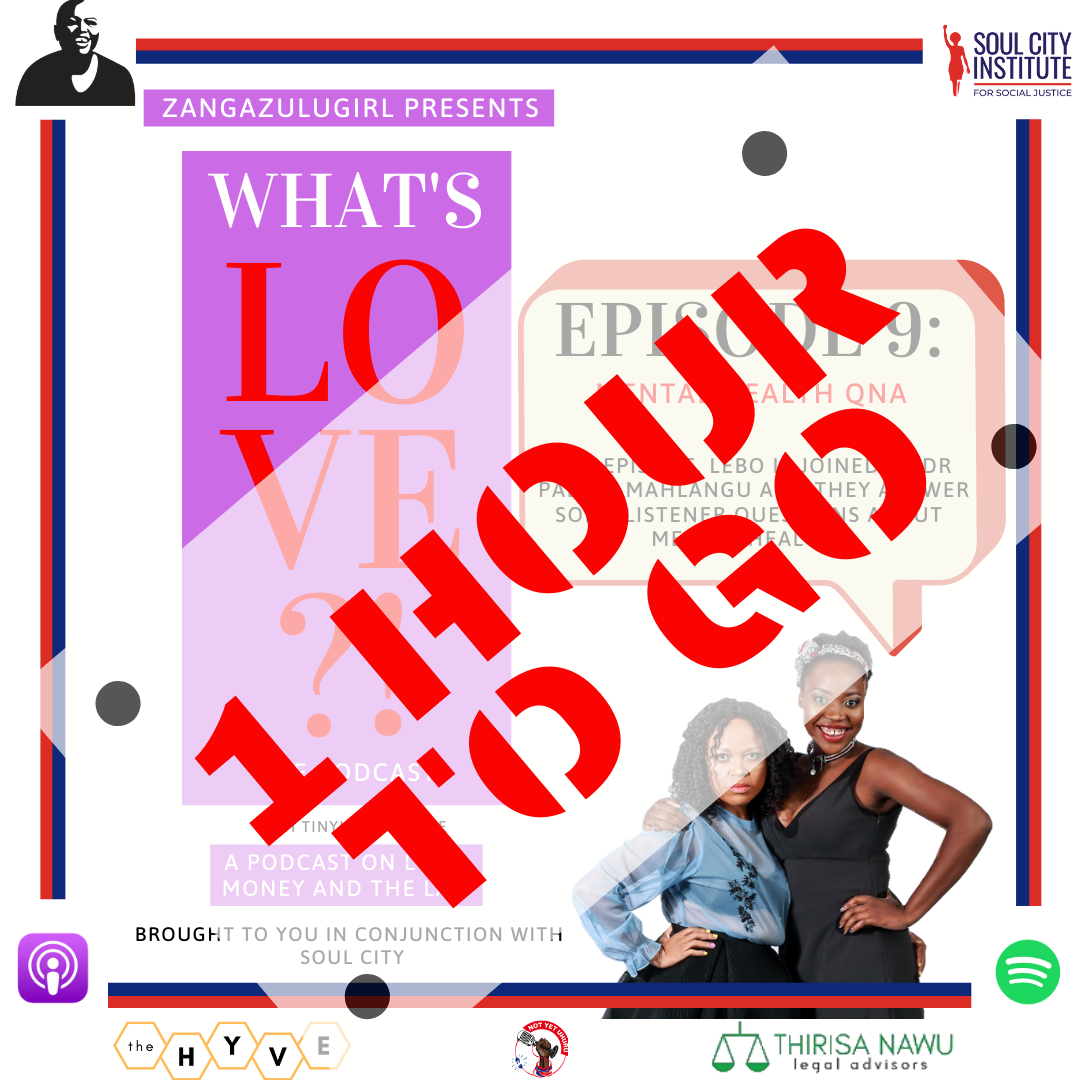 WhatsLove_Pod's tweet photo. Join us in an hours time as @zangazulugirl answers some questions with Dr Mahlangu about Mental Health. 

Just 1hr to go; you can follow the link in bio to listen to the 9th episode of the Podcast.

@ntwanie @NotYetUhuruSA @ThirisaNawu @SoulCity_SA https://t.co/PtIPmPVEbn