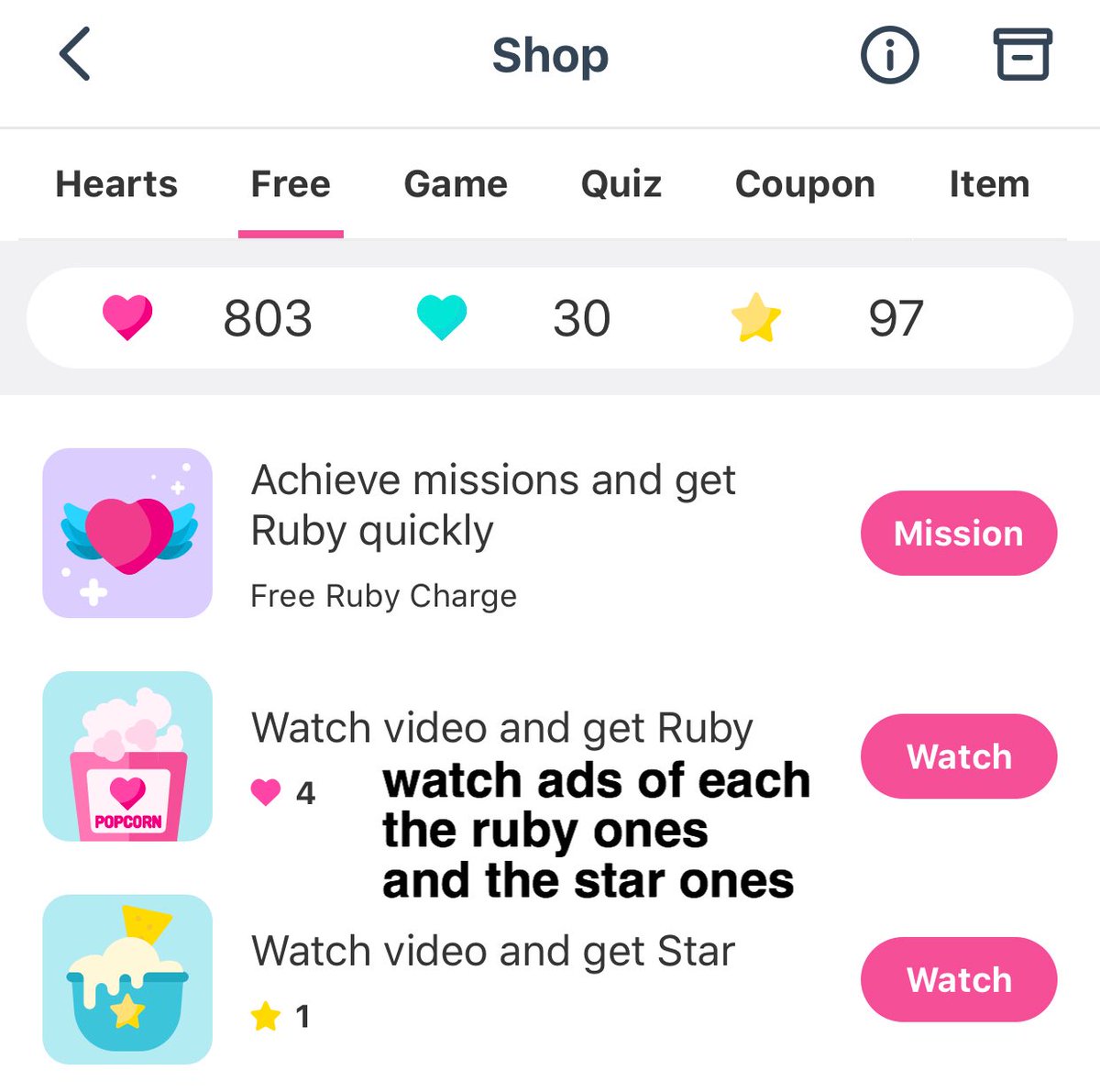 id𑁍lchamp! go to the store and collect chamsims, 10 ads each (ruby&star) per day. the pink ones doesn’t expire but the blue ones (you’ll earn it upon daily attendance) expire but not really sure of when. i think it’s every 15th and every end of the month so cast it every day.