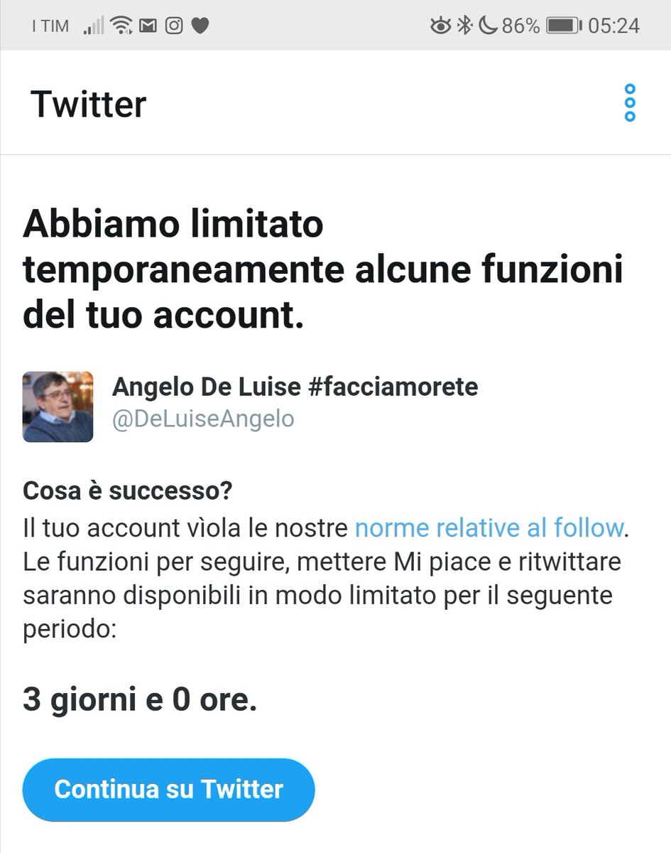 DeLuiseAngelo's tweet photo. Twitter mi limita l'utilizzo per un 3giorni. La mia colpa aver seguito troppe persone
@TwitterSupport ho semplicemente iniziato a seguire chi condivide o mette mi piace ai miei twett
Spero si veda l'odierno #freepatrickzaki
#PatrickZaki
#due08FR
#facciamorete #perchécivà https://t.co/WRiMNeG3pM