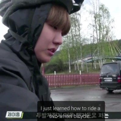 reminder that hobi had always rode a 3-wheeler before he finally learned how to ride the 2-wheeler in his twenties
