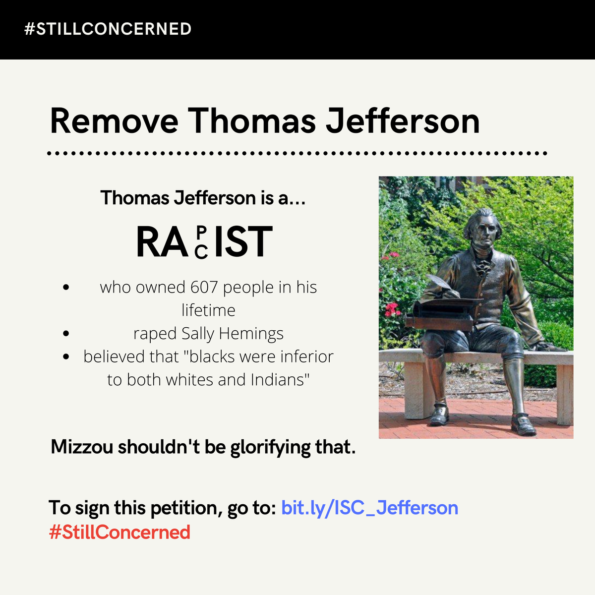 Demand 3: <a href="/Mizzou/">Mizzou</a>, remove the Thomas Jefferson statue.
#StillConcerned (Thread: 1/5)