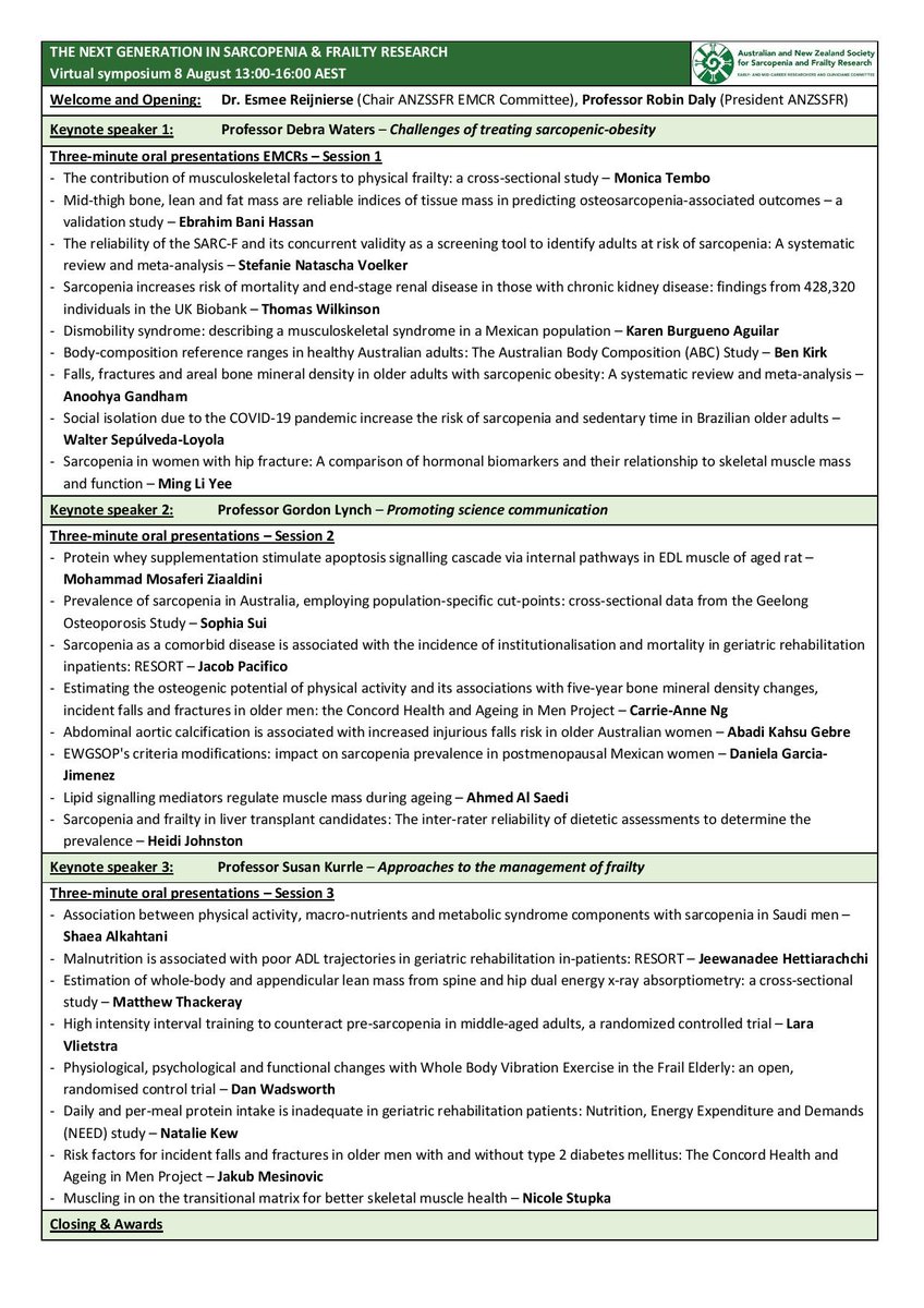 ANZSSFR's tweet image. Do you need some extra motivation to register for our free #frailty and #sarcopenia symposium this Saturday? See below a short version of the program!

Only 2 days left to register, registration is free, open for everyone and registration deadline is Wednesday August 5th 23:59PM.