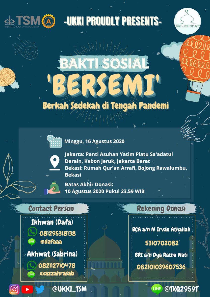 UKKI akan menyelenggarakan acara Bakti Sosial. Donasi yang terkumpul akan kami salurkan ke: 
📍Panti Asuhan Yatim Piatu Sa'adatul Darain, Kebon Jeruk, Jakarta Barat
📍Rumah Qur'an Arrafi, Bojong Rawalumbu, Bekasi

Dan diberikan pada:
Minggu, 16 Agustus 2020