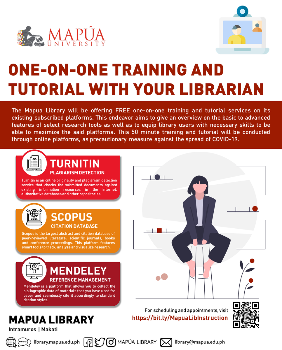 Mapua_Library's tweet photo. [LIBRARY SERVICE] ONE-ON-ONE TRAINING AND TUTORIAL WITH YOUR LIBRARIAN

The Mapua Library will be offering FREE one-on-one training and tutorial services on its existing subscribed platforms. For scheduling and appointments, visit https://t.co/aX0FGUdCPz

#MapuaLibrary https://t.co/rKNboz7hvc