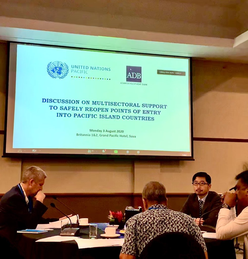 UNinFiji's tweet photo. As #Covid_19 continues to cause 🌍 movement restrictions, @UN_Pasifika &amp; @ADB_Pacific convened the 2nd in a series of Roundtables to discuss considerations for safely reopening points of entry across the #Pacific. Today #Fiji #Kiribati #SolomonIslands #Tonga #Tuvalu&amp; #Vanuatu https://t.co/NM27X71A24