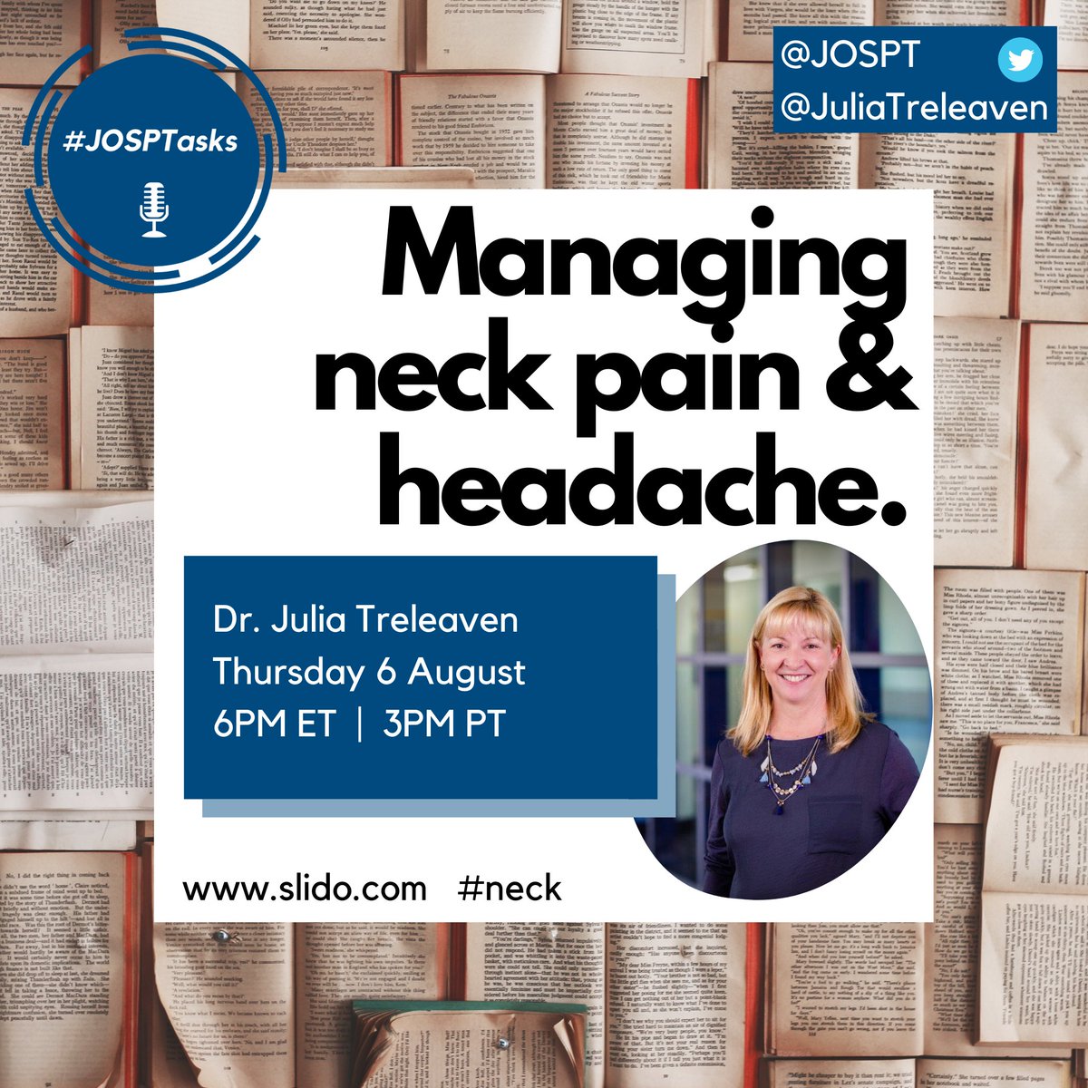 JOSPT's tweet image. #JOSPTasks this week is moving on up... to the head and neck 😉

Dr. Julia Treleaven (@JuliaTreleaven)  is our guest this week and she will be answering all YOUR questions on neck pain and headaches 👍

Get on over to Sli.do and use #neck