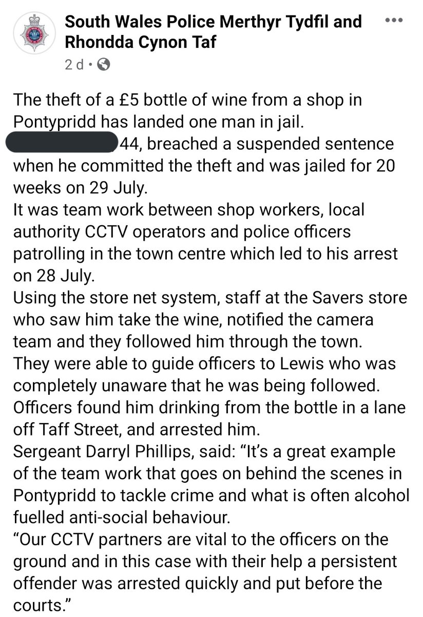 Just SW Police bragging about putting a man in jail for nicking a £5 bottle of wine. They included a picture, too, for maximum humiliation. Clearly this is the best and most healthy way to run society.