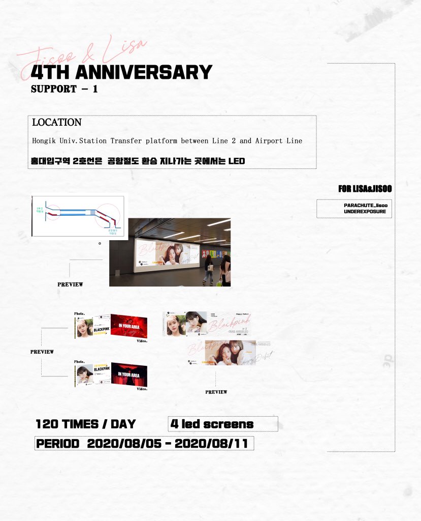 Parachute_lisoo's tweet photo. 4th Anniversary Support with
@lisoounder

Part-1
[Hongik Univ. Station]
4 LED Screens

Location:
[Hongik Univ. Station transfer platform between Line 2 and Airport Line]

Period:
2020/08/05 - 2020/08/11
#블랙핑크 #지수  #Lisoo 
@BLACKPINK https://t.co/6vtpind8Gg https://t.co/9mmn9S0hUZ