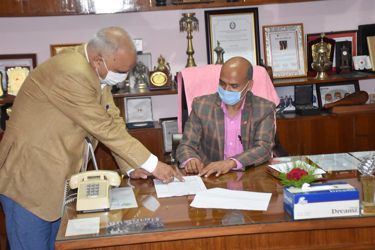 NepalRedCross's tweet photo. Newly appointed Chairman Dr. Netra Prasad Timsina, Secretary General Mr. Pitambar Aryal &amp;Treasurer General Mr.Sitaram Koirala assumed their office at central office of Nepal #RedCross 
A meeting of the cabinet had decided a list of NRCS Central ad hoc Committee @NetraPrasadTims https://t.co/BYZreZCzWJ