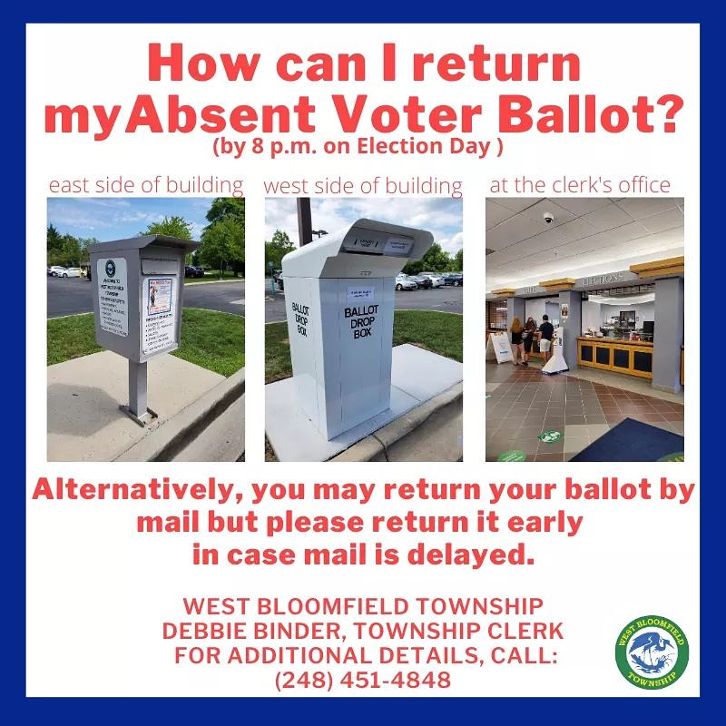WBClerk's tweet photo. Please don't mail your ballot now..... return it directly to Town Hall! 

Also, you may request an ABSENTEE BALLOT on Monday, August 3, 2020 at the West Bloomfield Clerk's Office between 8 a.m. and 4 p.m.

You may track your absentee ballot at: https://t.co/f7cMvAt3Lu https://t.co/Gdol3Lo4RJ